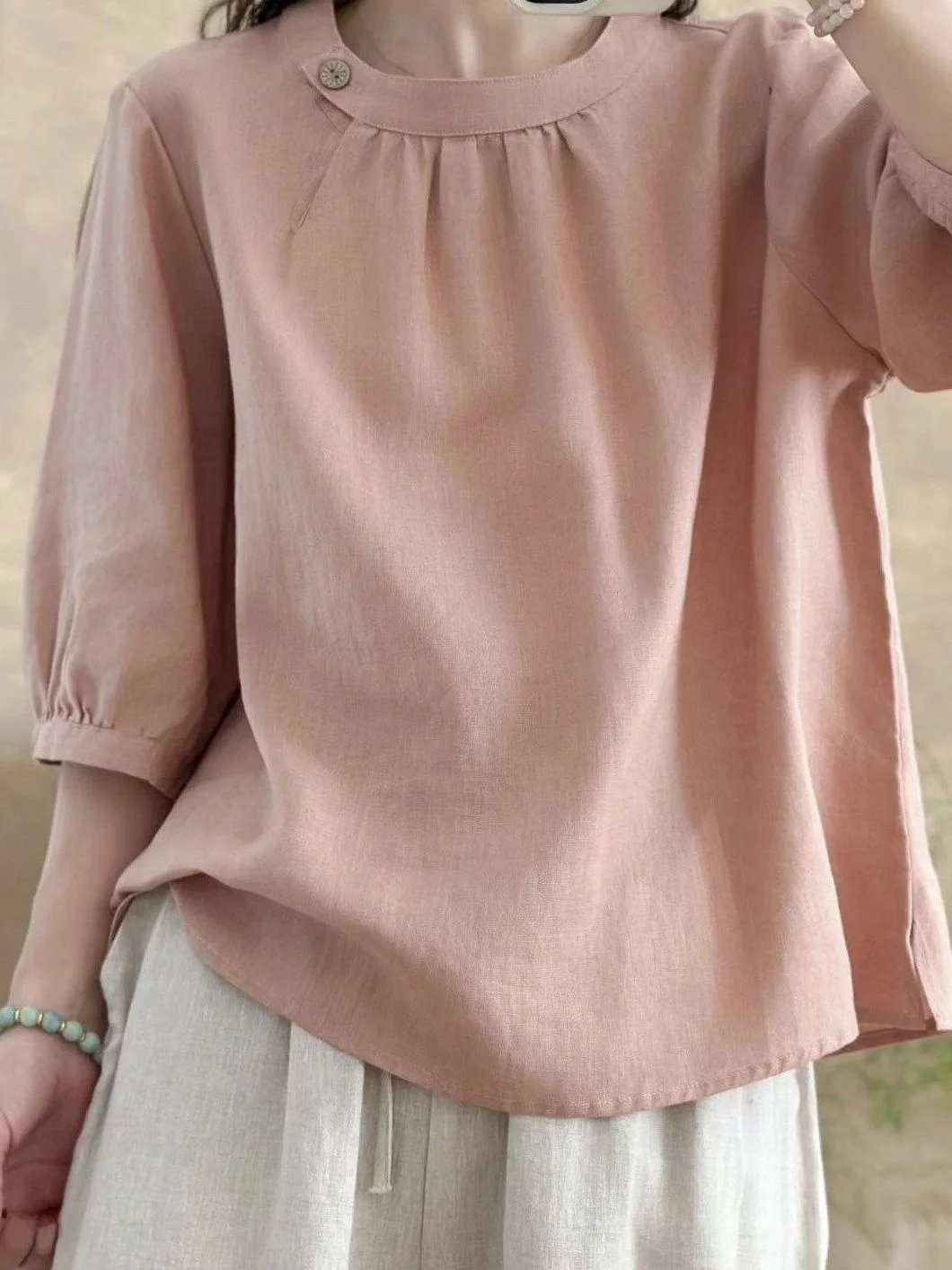 Retro New Chinese Style Cotton Linen round Neck Loose Women's Shirt Overhead Summer 2026 Breathable Comfortable Traditional C...