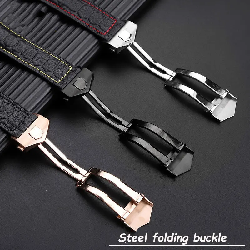 Cinturino in vera pelle da 22mm per TAG Heuer /Carlisla serie di catena per orologi con fibbia pieghevole in pelle bovina da uomo nera