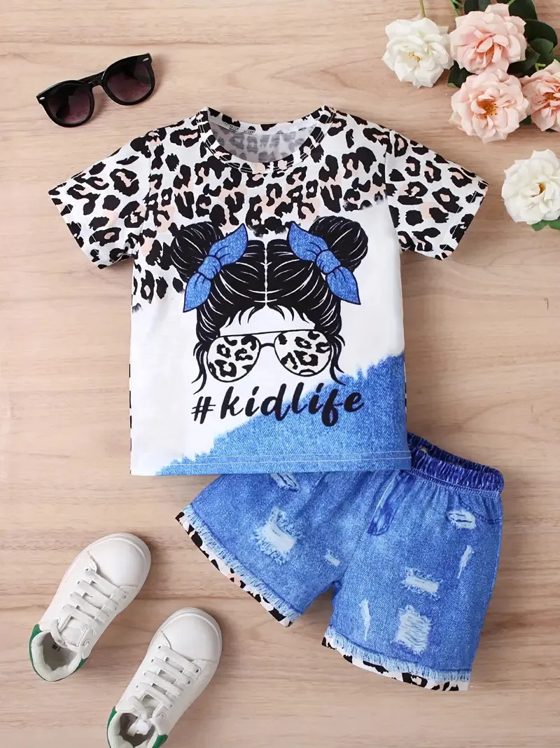 Girls Denim Set Casual Western Printed Short Sleeve Top with Jeans Shorts Outfit Children Clothes Ready to Ship Best Selling