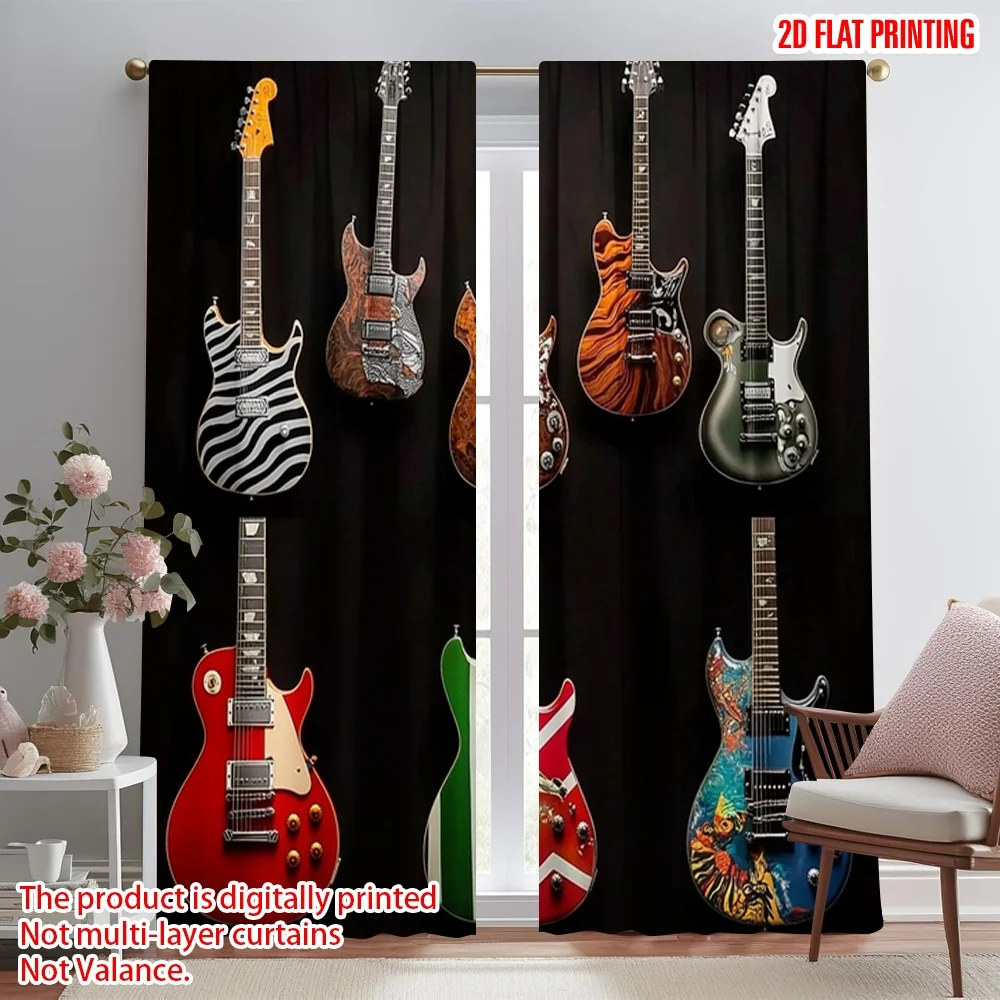 2pcs 2D flat printing Curtains guitar Machine Washable Fabric Without Electricity Party Decorations for Booths Studio Props