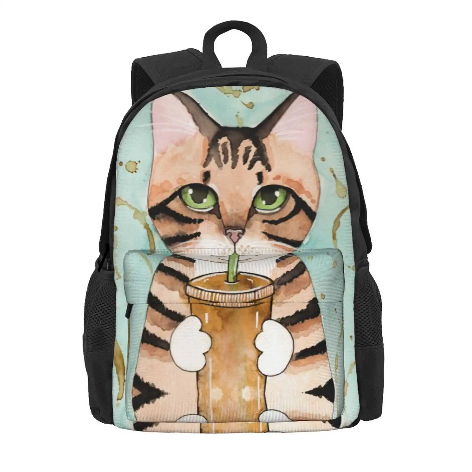 Willow With Iced Latte Hot Sale Schoolbag Backpack Fashion Bags Iced Coffee Iced Latte Coffee Cat Brown Tabby Watercolor