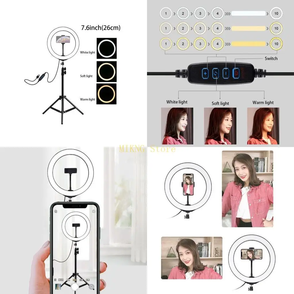 

7,6-дюймовая светодиодная кольцевая лампа для селфи со штативом и держателем для мобильного телефона для лучшей распродажи в