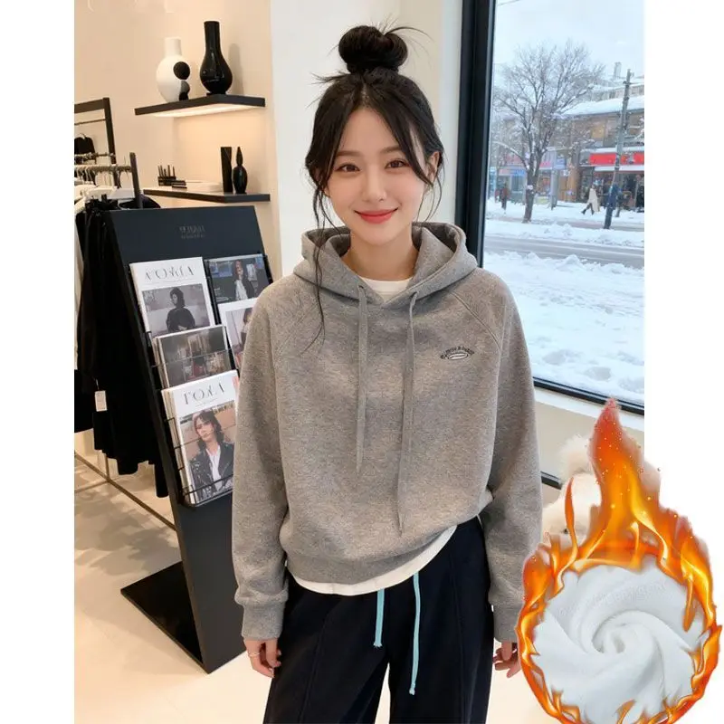 Sudadera con Capucha para Mujer, Otoño Invierno, Nueva, Forro Polar, Cálida, Bordada, Manga Larga, Talla Pequeña