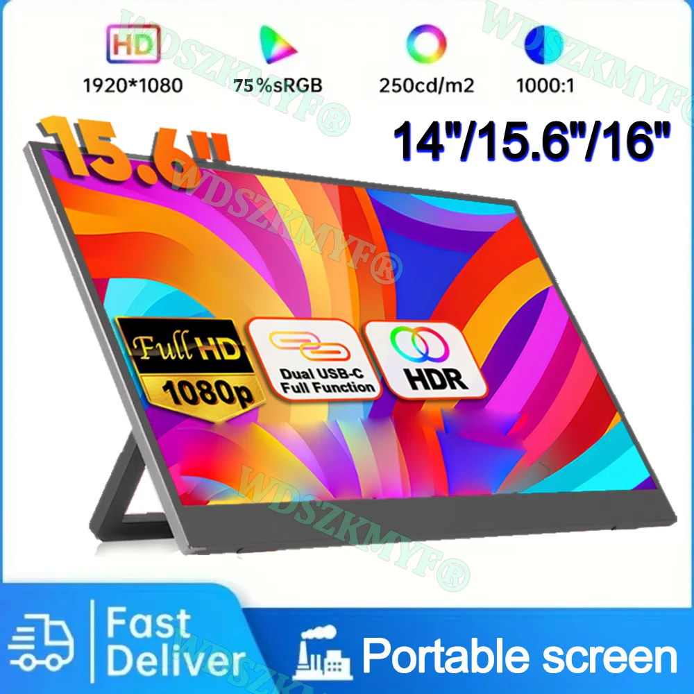 

14/15.6/16-Inch Portable Monitor IPS Panel USB-C 1080P FHD 60Hz Compatible Travelling Display for PC Laptop Xbox Switch