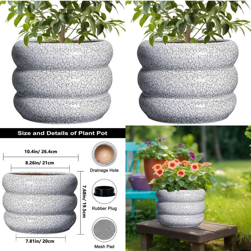 

Круглый горшок для комнатных растений 10 дюймов с дренажным отверстием, подходит для декора дома и сада, черно-белый