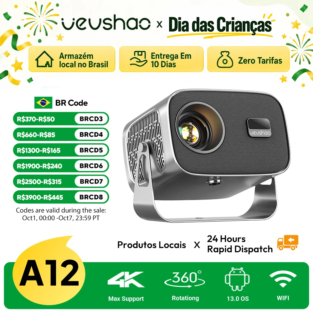 Vevshao a12 projetor portátil mini led 1080p 4k vídeo android 13.0 wifi 6 smartphone espelhamento projetor de cinema em casa