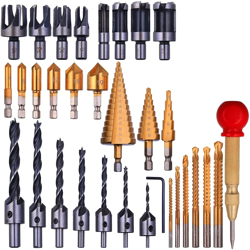 23 26 32 PCS Woodworking Chamfer Drilling Tools Countersink Drill Bits L-Wrench Wood Cutter Step Bit Center Punch Cutting Twist