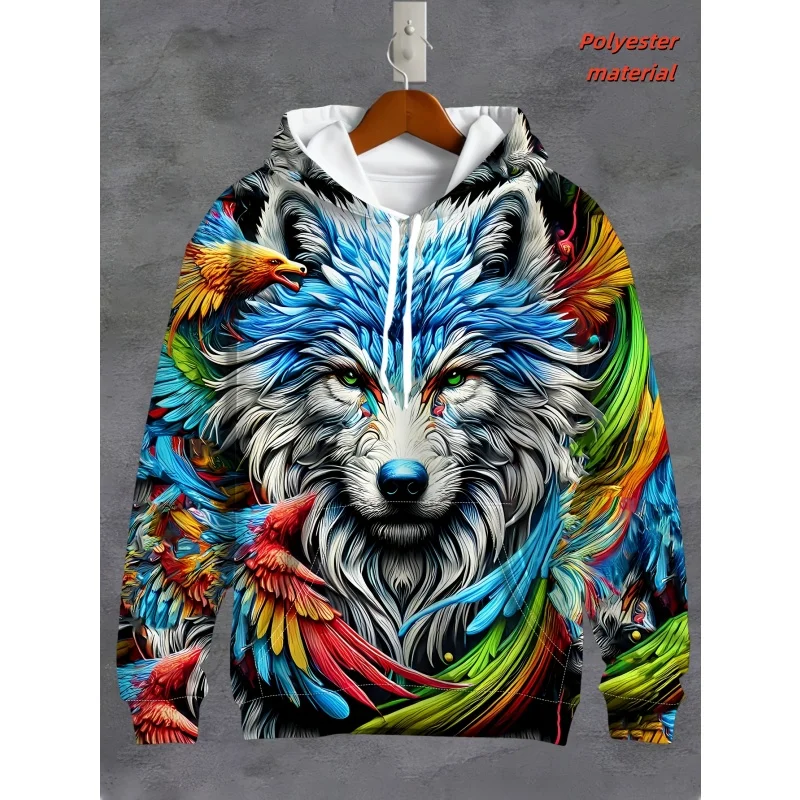 Funny Wolf Fox Dragon Pattern Hoodie For Men Colorful Animal 3D Printed Hoodies Casual Loose Pullover Long Sleeves Sweatshirts