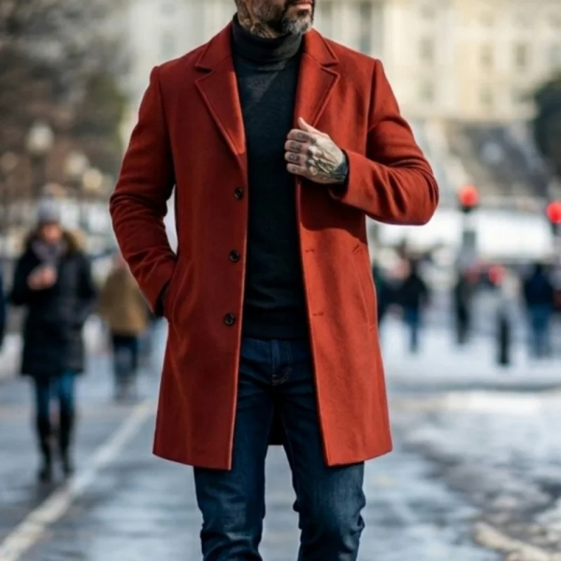 Men’s Autumn/Winter Casual Jacket Single-Breasted Suit Jacket Mid-Length Streetwear and Outdoor Wear Men's Winter Jacket