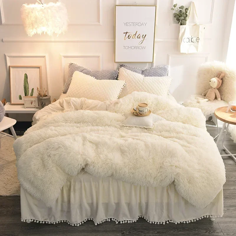 Luxury Plush Shaggy Bedding Set Faux Fur Duvet Cover Quilted Ruffle Bedskirt Pompoms Fringe Pillow Shams