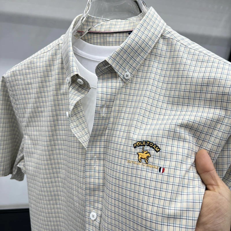 

Light Luxury Summer Men's New Fashion Cotton Lapel Shirt Short Sleeve Trend Golf Plaid Korean Embroidered Casual T-shirt Top