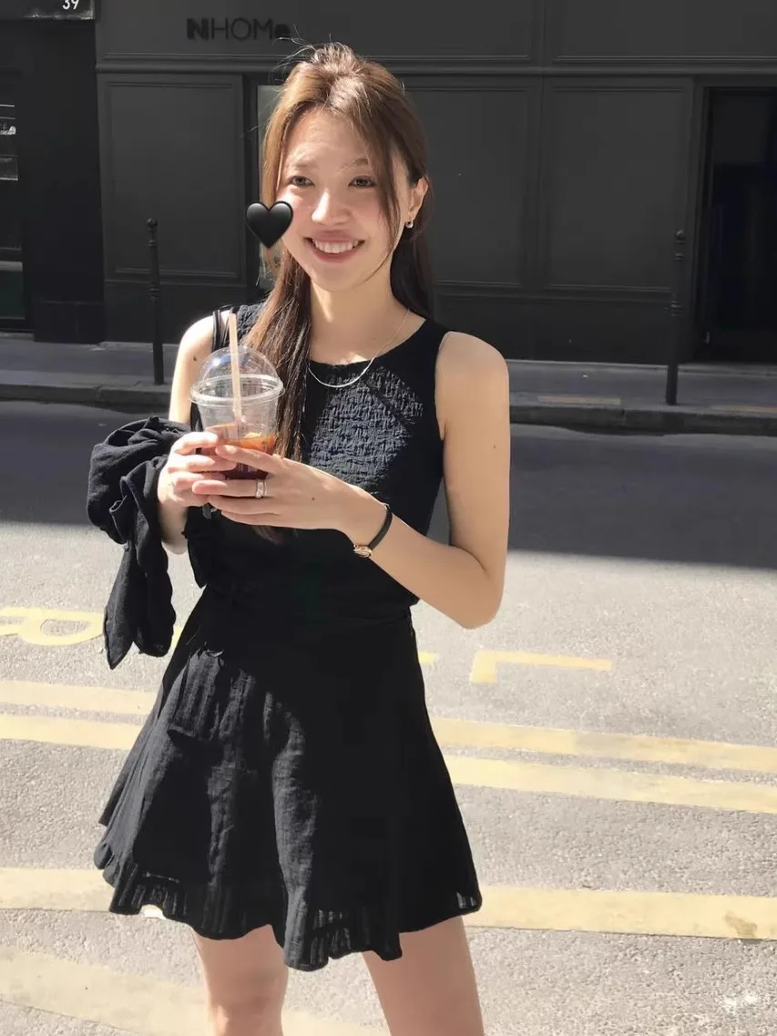 

Summer Faion Set Women's Svel Vest And High Waist A-Line Skirt Cotton round Ne Commute Sle Two-Piece Suit