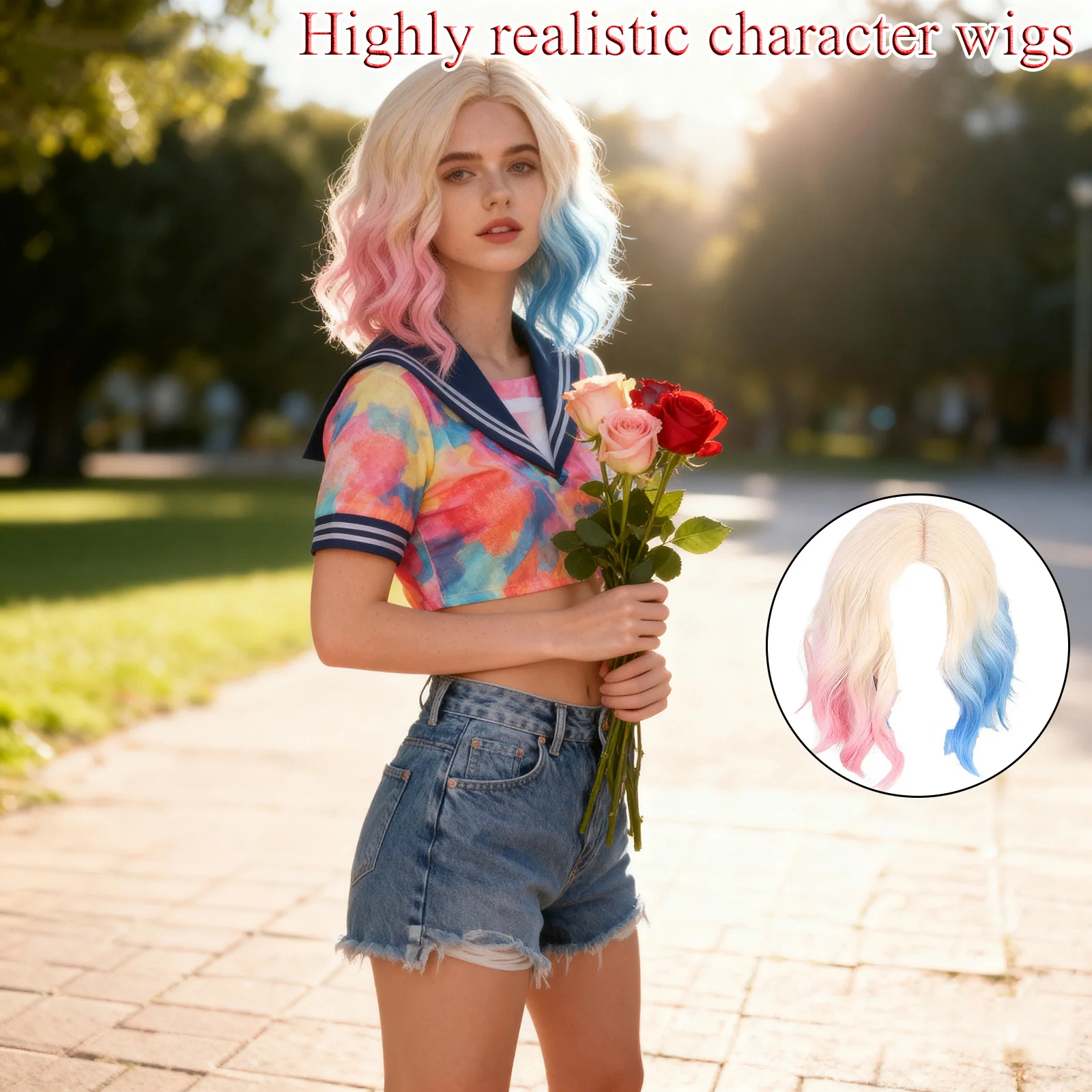 水曜日コスプレウィッグ ピンクブルーグラデーションウィッグ ウェーブのかかったショートボブ 人工毛 ハロウィンコスチュームアクセサリー コスプレウィッグ