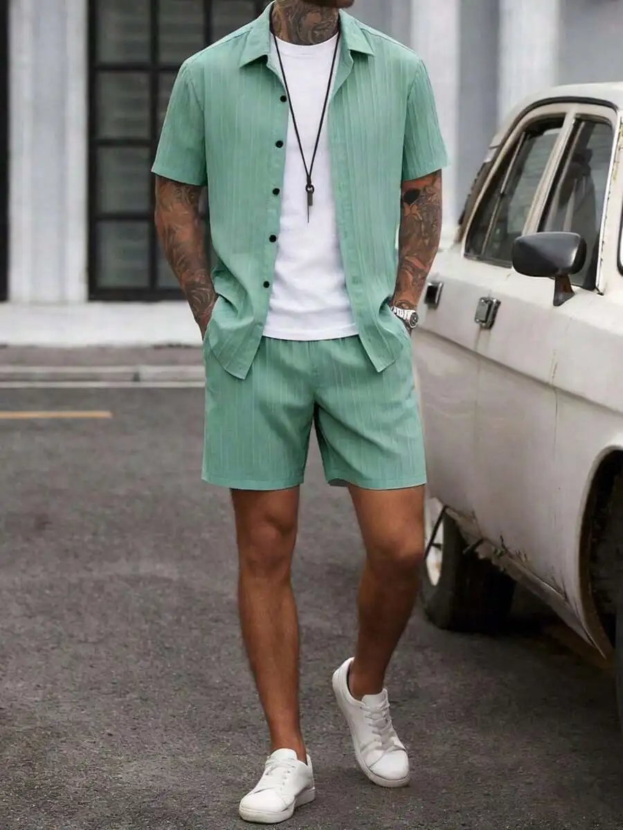 

Men Mint Green Solid Button Front Shirt And Drawstring Waist Shorts Set