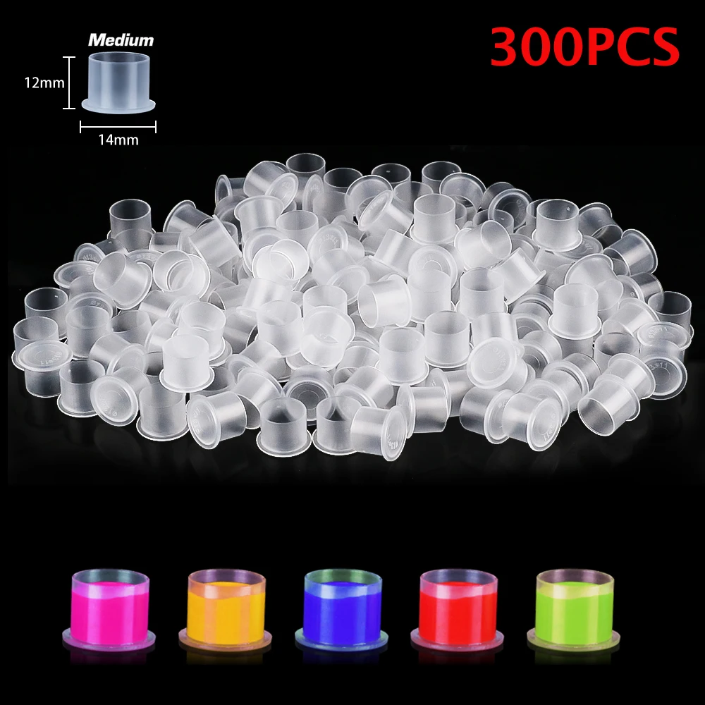 300PCS Disposable Tattoo Ink Caps S/M/L Tattoo Ink Cups with Base Clear Plastic Pigment Permanent Makeup Container