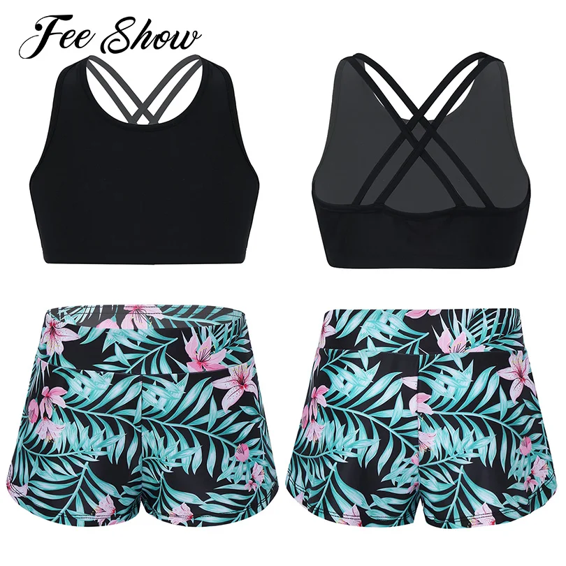 

Summer Kids Yoga Sets 2Pcs Tracksuits Girls Running Dance Sport Suit Criss-Cross Back Crop Top+Printed Shorts Gym Yoga Sport Set