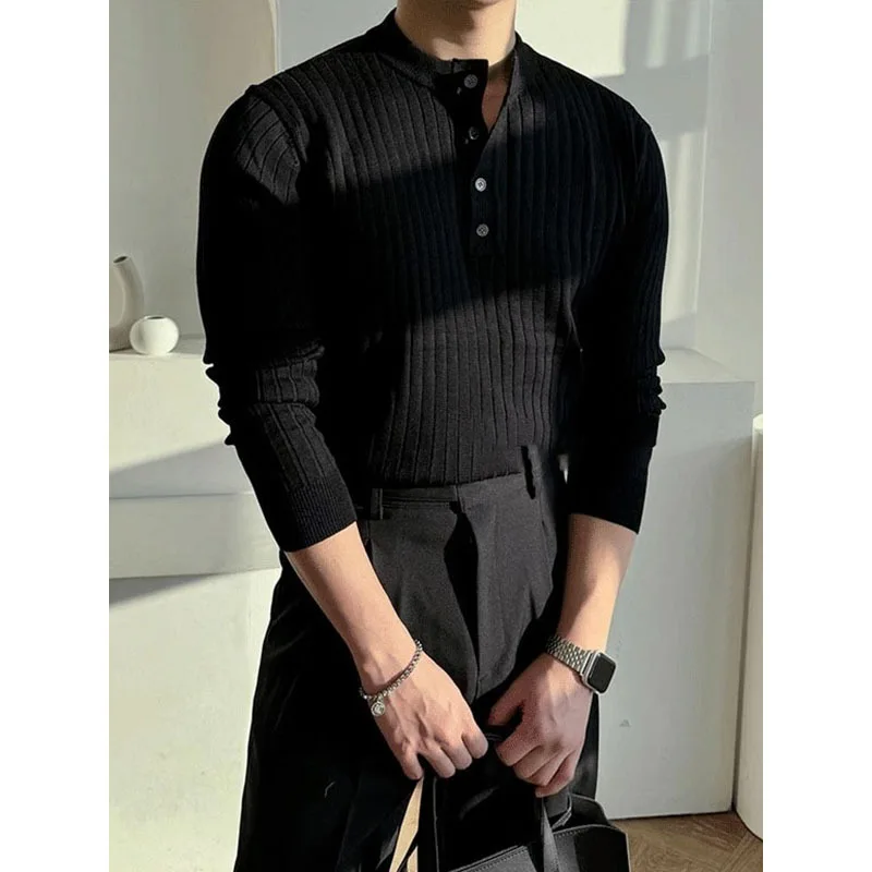Spring and Autumn New Knitted Sweater Long Sleeve Henry Collar Men's Trend Simple