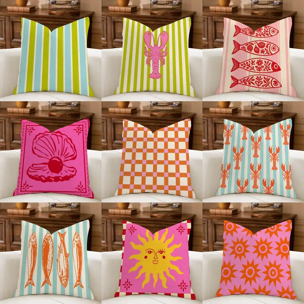 Maximalist Lobster Sun Design Cushion Cover Natural Breathable Durable Linen Printed Decor Pillow Case Sofa Bedroom