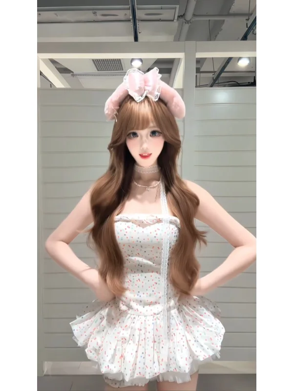 

Summer New Polka Dot One oulder Bridesmaid Dr Women's Sexy Pure Color Strapl Two Piece Set High Waist Cake Skirt