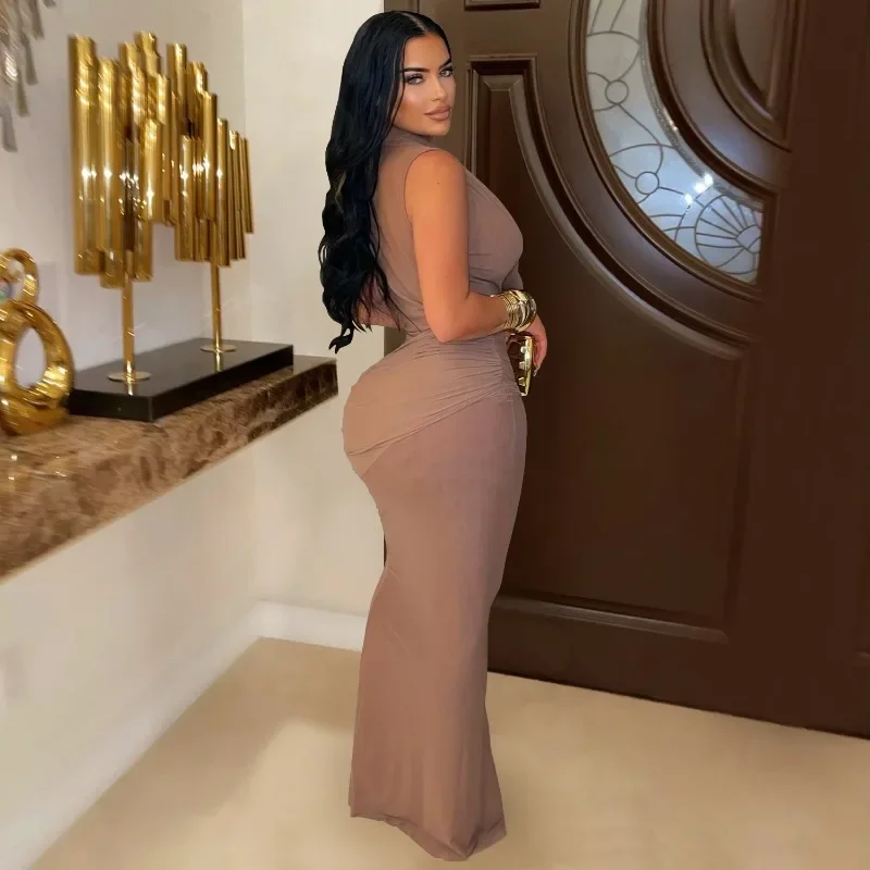 GUWU Fashion Sleeveless Pleated V-neck Low Cut Maxi Long Dress Sheer Mesh Sexy Night Party Club Wear Women's Dresses