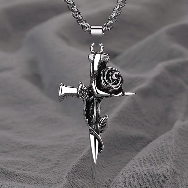 1Pcs Vintage Rose Cross Pendant Necklace For Women Men Stainless Steel Chain Punk Goth Trendy Accessories Choker Gothic Jewelry