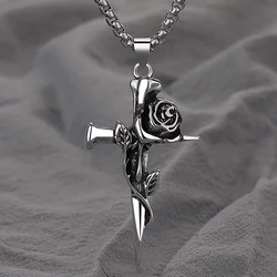 1Pcs Vintage Rose Cross Pendant Necklace For Women Men Stainless Steel Chain Punk Goth Trendy Accessories Choker Gothic Jewelry