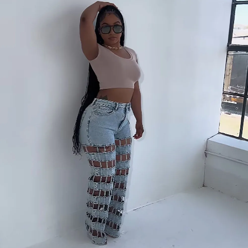 2025 nouveau Style femmes déchiré trous jean Streetwear mode creux taille haute pantalon en Denim droit jean décontracté été
