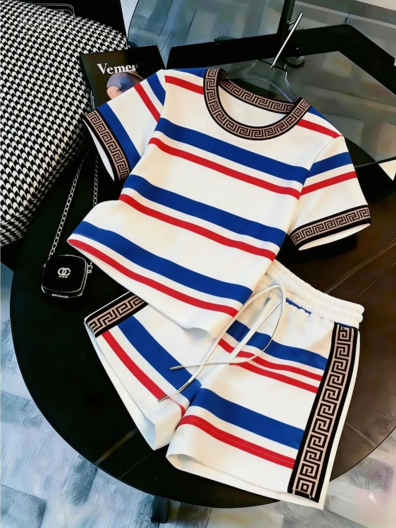 2026 Summer New Street Fashion Casual Versatile Comfortable 3D Stripe Pattern Printed Women's Short Sleeve Shorts Set