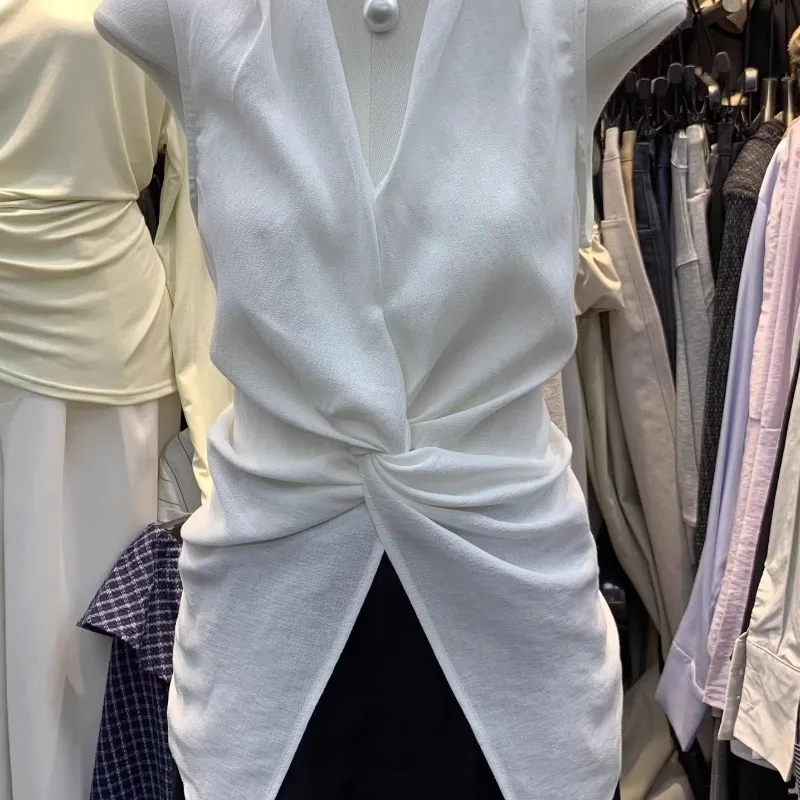 

Женская рубашка без рукавов с тонкой талией и v-образным вырезом, простые универсальные белые блузки, элегантные модные майки Blusas Mujer