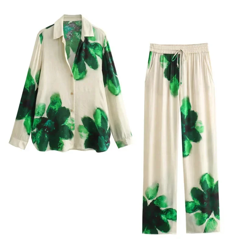 

Green Flower Set Top Pants Women Spring 2024 New European American Silk Texture Flower Print Shirt Straight Top Drawstring Pants