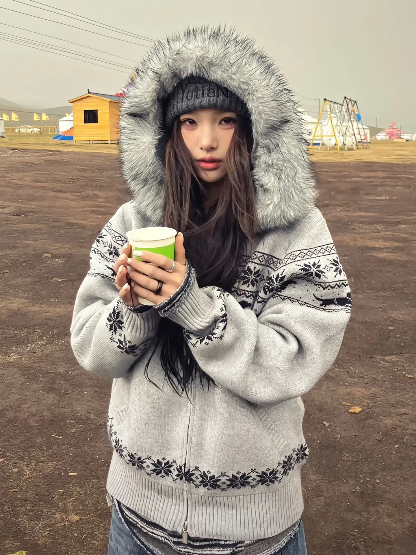 

Американский ретро цвет Blo Fair Isle открытый кардиган свитер мужской чистый крой большой меховой воротник свободная пара вязаный топ