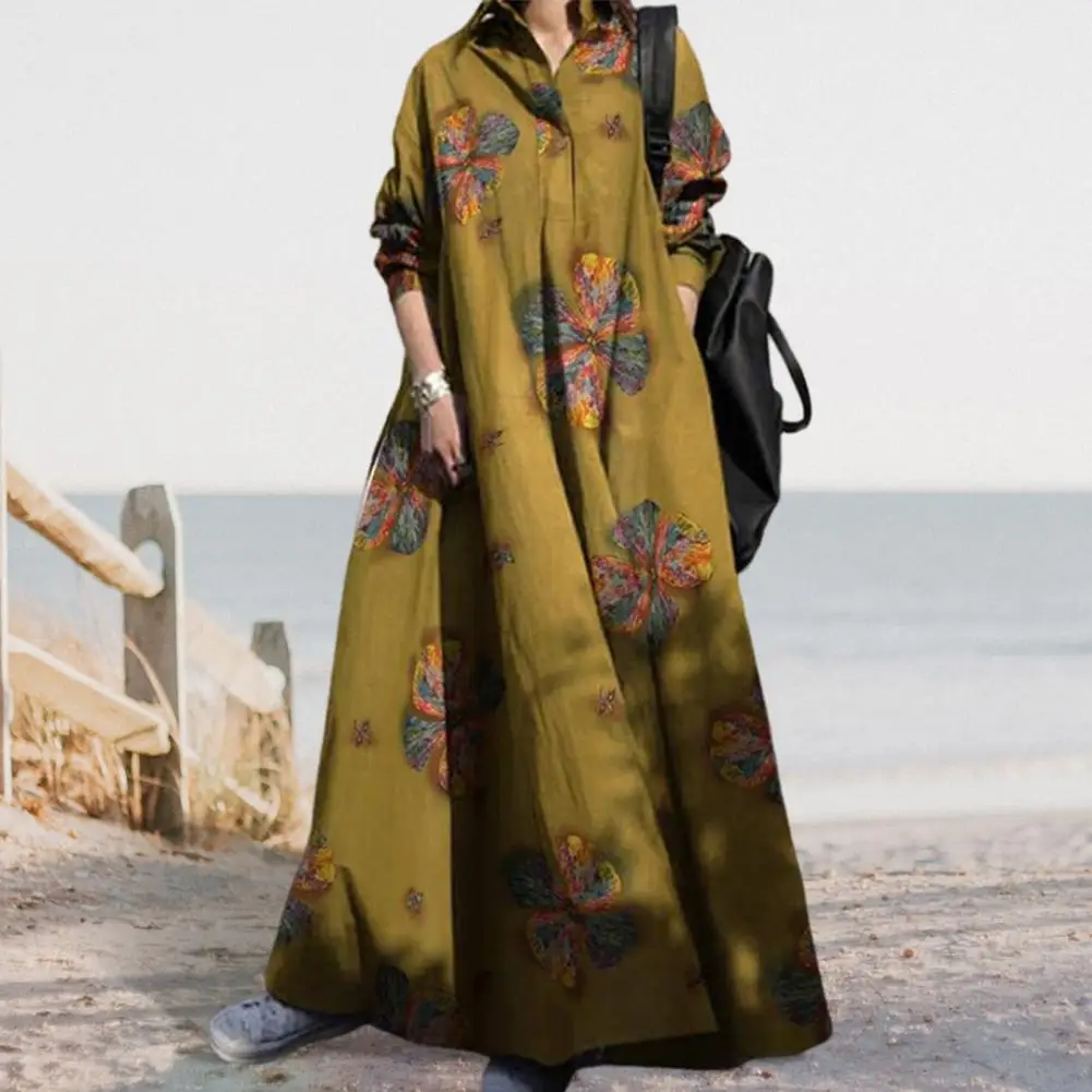 

Ethnic Style Dress Long Sleeve Maxi Dress Floral Print Ethnic Style Maxi Dress for Women with Turn-down Collar Long Sleeves Plus