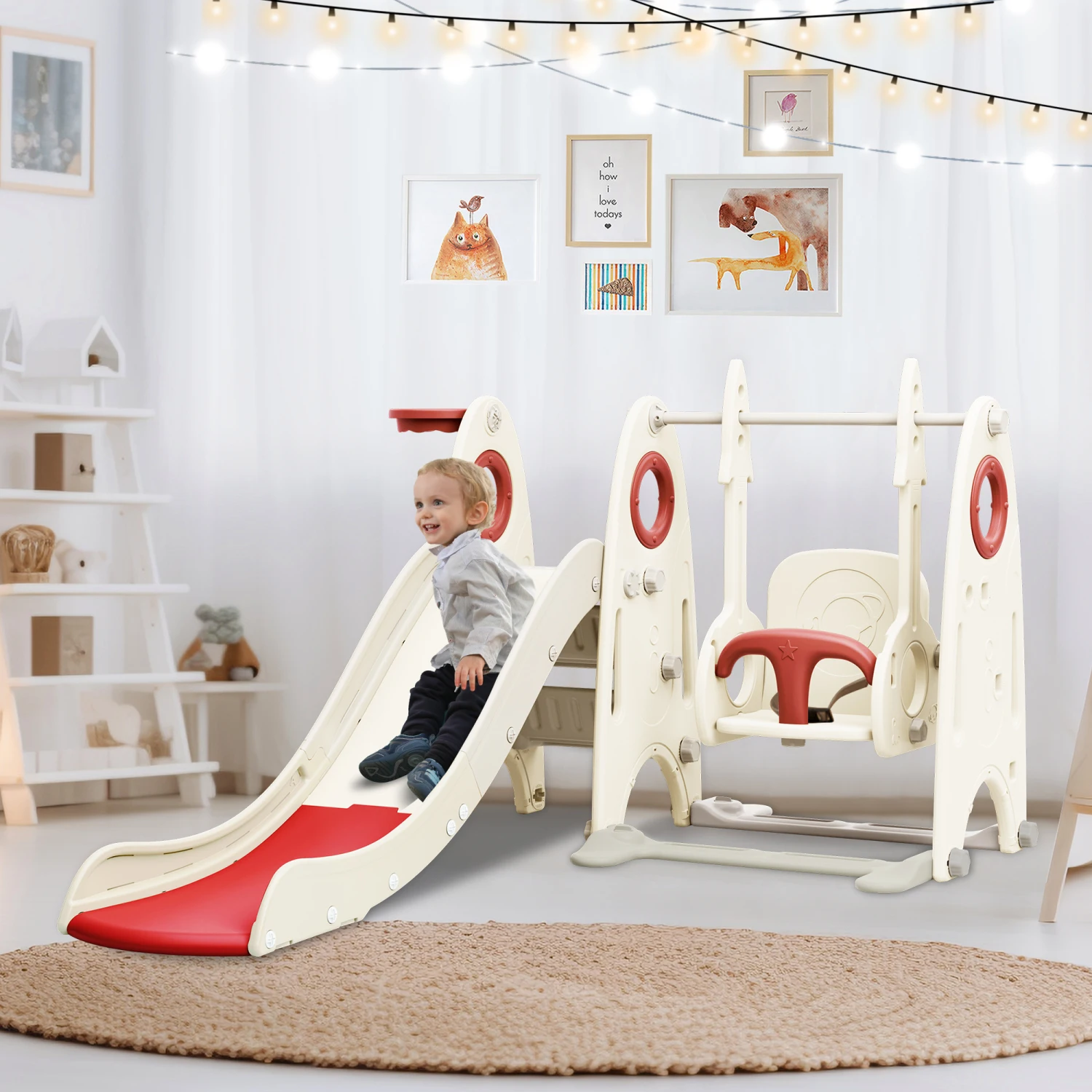 

4 in 1 Toddler Slide and Swing Set, Kids Playground Climber Slide Playset with Basketball Hoop,Freestanding Combination for babi