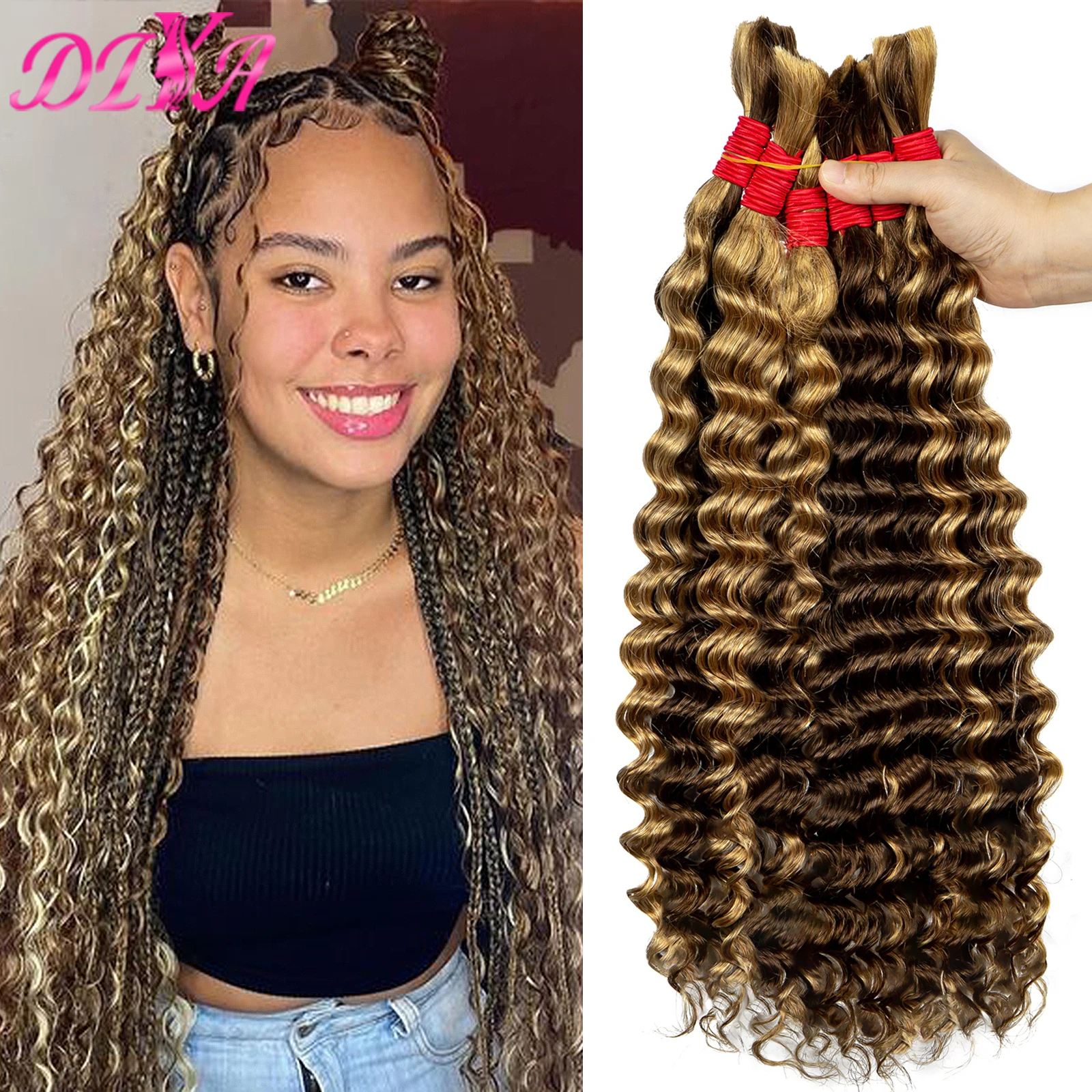 

Deep Wave Human Hair Bulk for Boho Braids 4/27 Highlight Ombre Curly Human Hair No Weft for Braiding Virgin Hair for Extensions