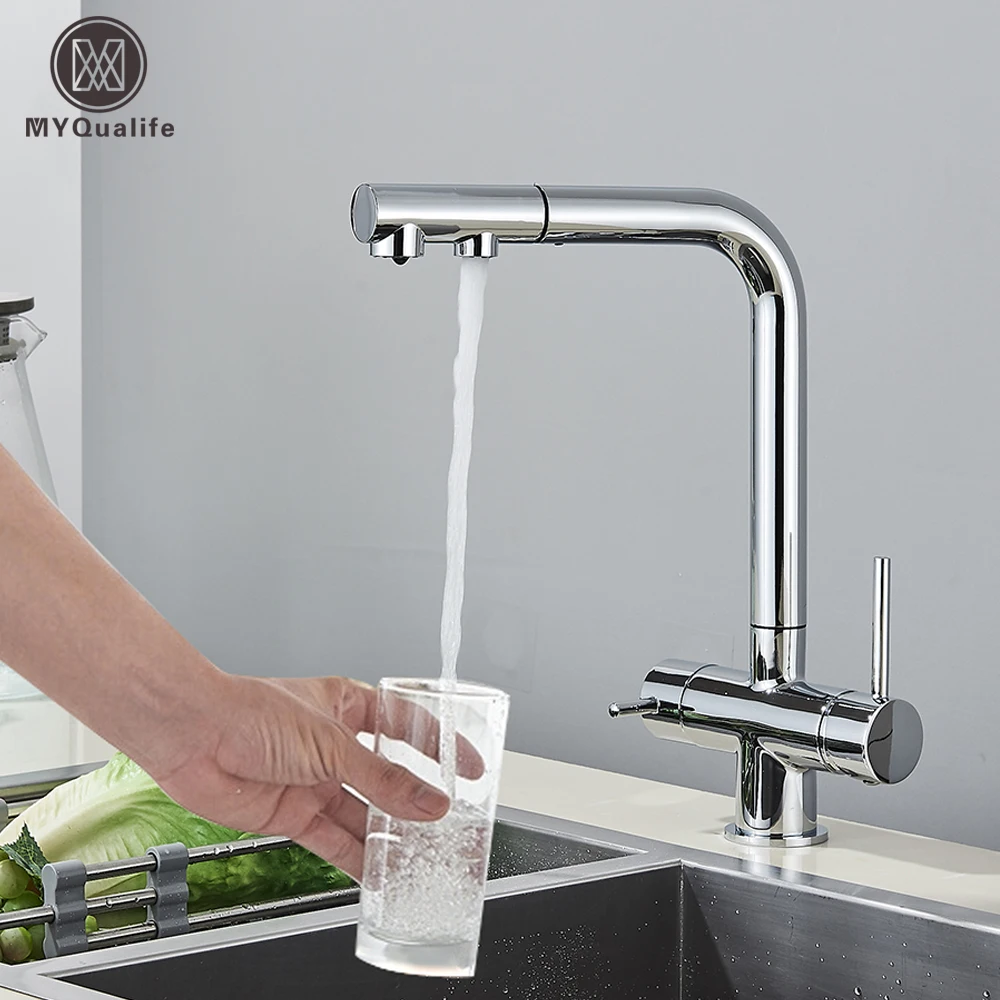 Chrome Brass Pull Out Filtered Kitchen Faucet Dual Handle Hot Cold Drinking Water 3-Way Filter Purification Mixer Taps