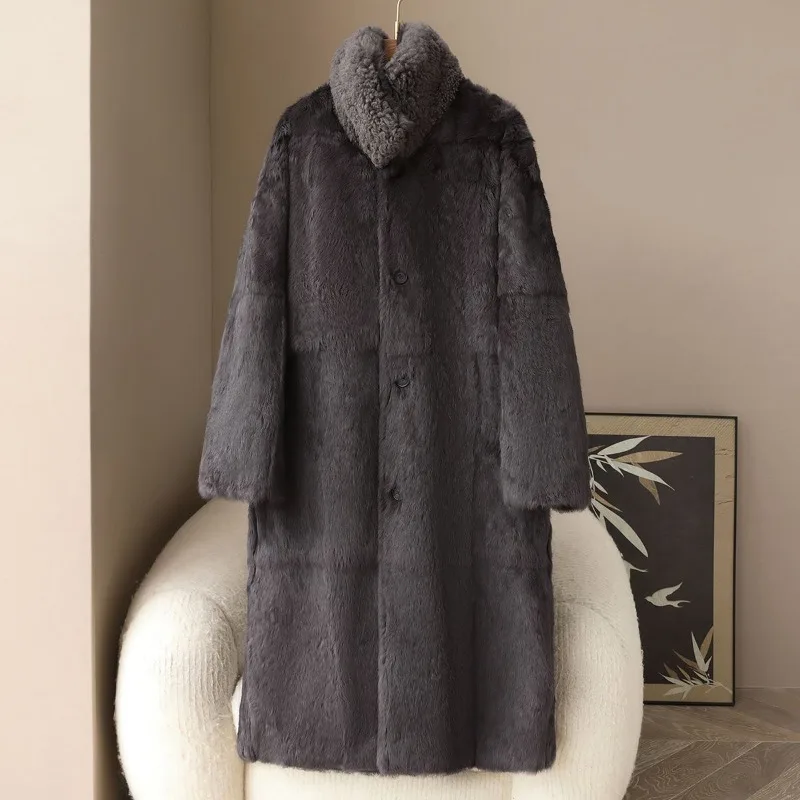 معطف فرو أرنب على الوجهين لعام 2025 معطف نسائي شتوي X-طويل سترات سميكة دافئة برقبة صوف معطف نسائي ملابس خارجية #3