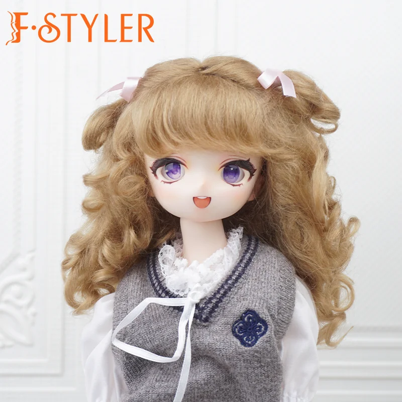 FStyler Mohair Doll Wig for BJD Fluffy Wavy Curly Wig with Bangs Gold Color Brown 5-6 Inch Head Toys Dolls Diy Accessories