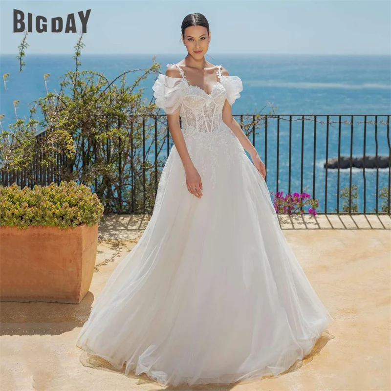 Elegant A-Line Wedding Dresses Women Open Back Lace Spaghetti Straps Off The Shoulder Bridal Gown Sweep Train Vestidos De Noiva