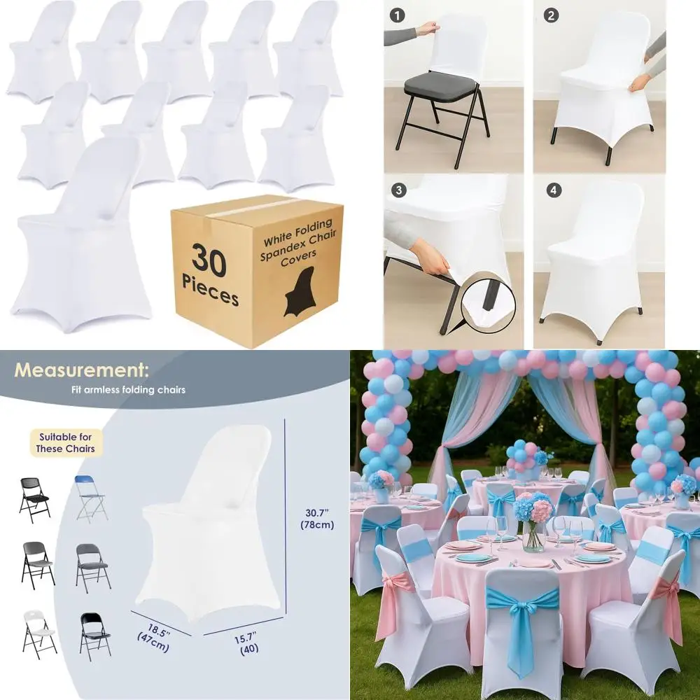 

30 белых чехлов для стульев из спандекса, эластичные чехлы из полиэстера для свадеб, вечеринок и обеденных залов — универсальный размер, плоская передняя часть