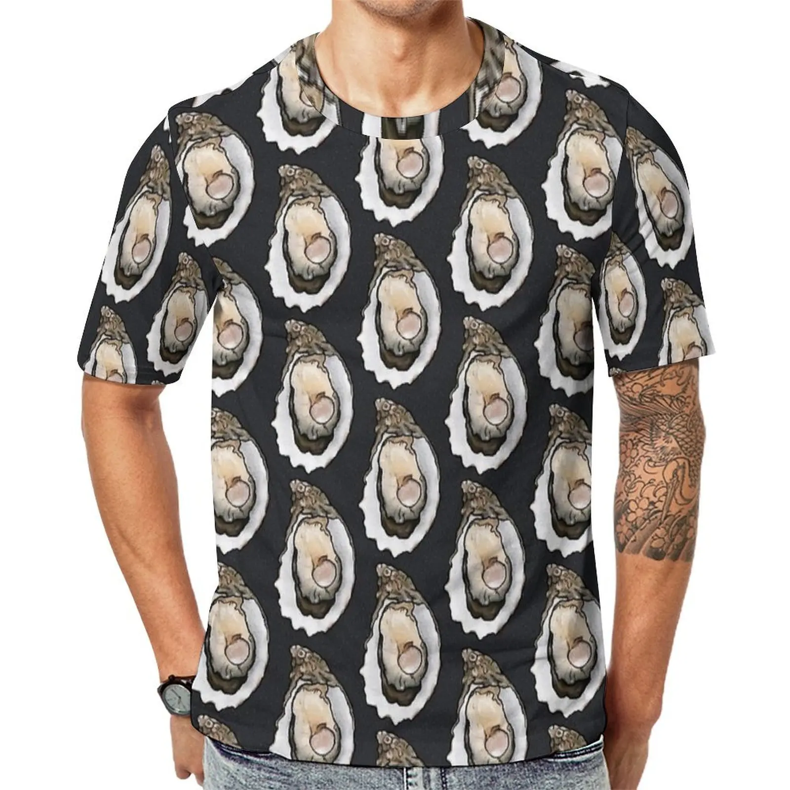 Oversized T-Shirt Summer Oyster Feast with Pearls in Charcoal T Shirts  Basic Round Neck Tee Shirt Man Harajuku Printed Tees