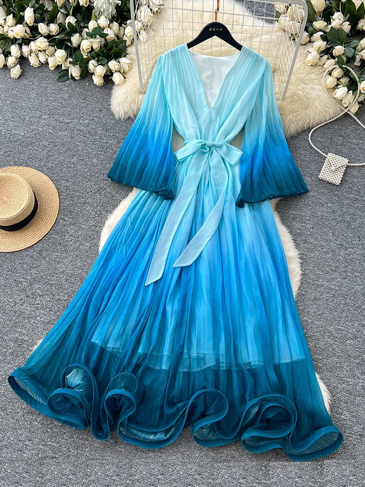 

European American Style Gradient Color V-neck Dress Women's Summer Trumpet Sleeve Vacation Beach Party Birthday Long Dress C180