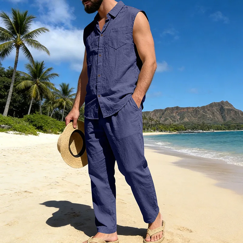 

Мужской комплект из льна и хлопка: рубашка с длинным рукавом на пуговицах и шорты-карго, повседневная летняя пляжная одежда, несколько цветов