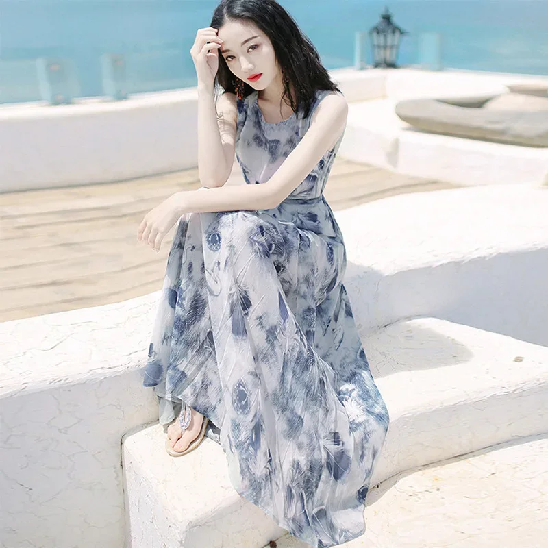 New Temperament Women's Beach Dress High-end Ink Painting Vest Long Dress Bohemian Dress