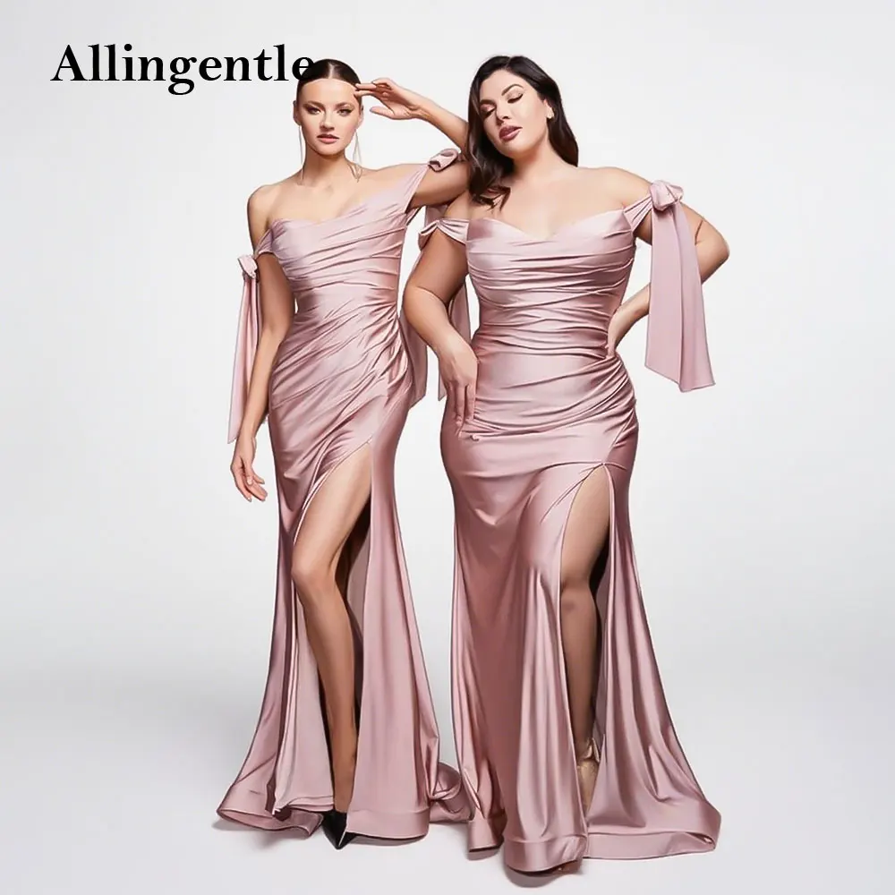 

Elegant Silk Satin Mermaid Prom Dress Off the Shoulder Pleat Sexy Slit Women's Evening Dresses Simple Bridesmaid Gown Customized