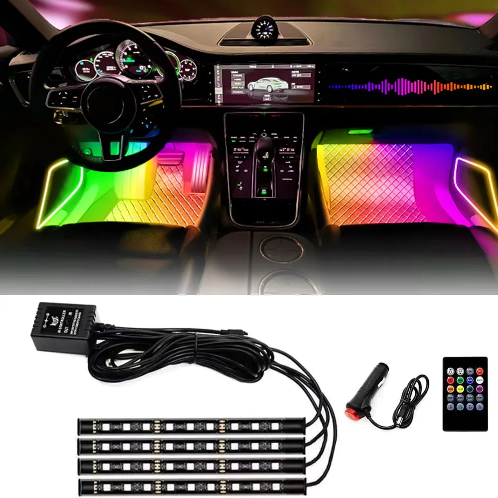 

48/36 LED RGB Car Foot Ambient Light with USB Cigarette Automotive Interior Lights Strip Decoration Bar Remote/Voice Control