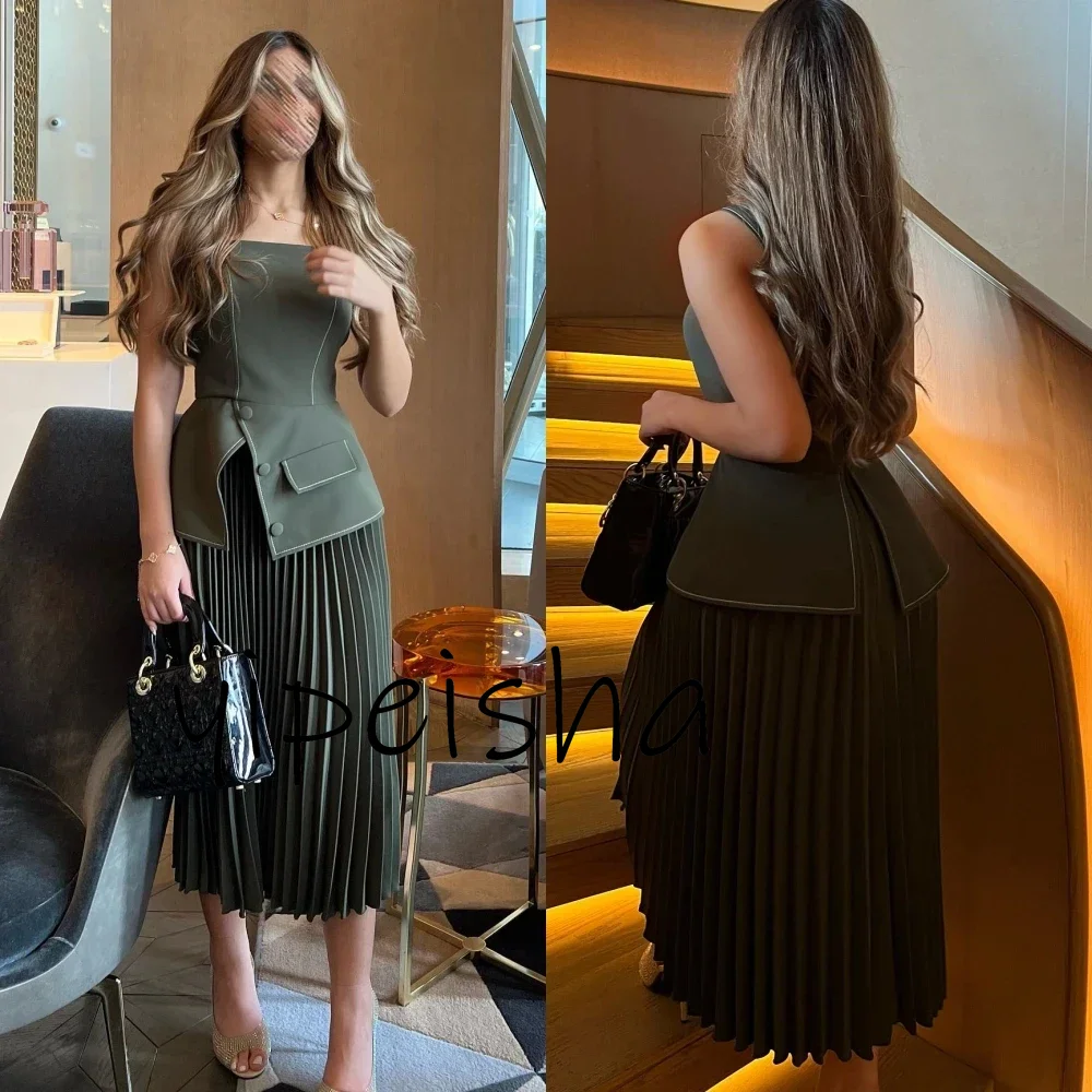 Customized Simple Modern Jersey Prom Dresses A-Line Square Pleated Formal Occasion Dresses Fake Button Mini Party Evening Gowns