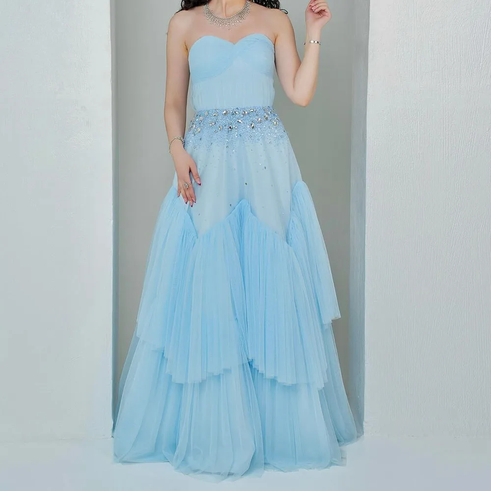 

Customized A-Line Prom Dresses Floor-Length Strapless Sleeveless Evening Gown Fashion Crystal Sequined Tiered Draped Party Gown