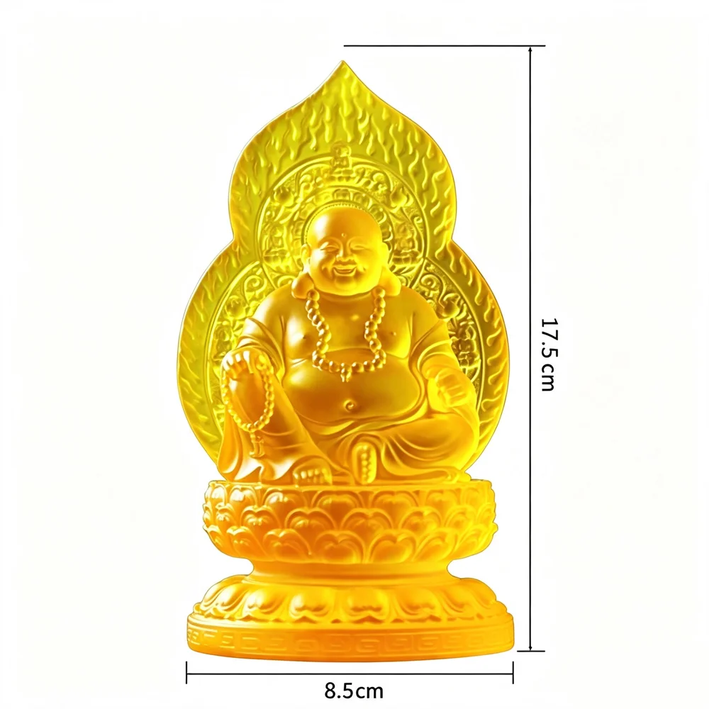 17.5cm Laughing Maitreya Buddha Statue Translucent Yellow Resin Buddha Figurine Feng Shui Home Office Car Altar Ornaments