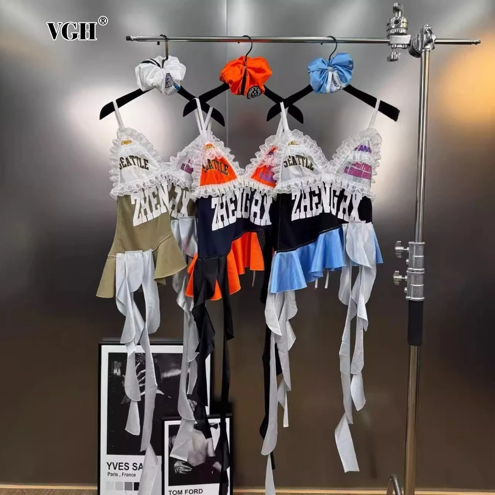 

VGH Coloblock ​​Letter Printed Vest for Women V Neck Sleeveless Patchwork Lace Irregular Hem Hotsweet Tops with Hair Ring Female