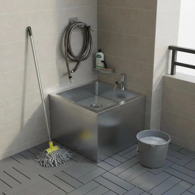 

Floor Service Basin 24x24x13 in For Balcony Bathroom Laundry Room 3-in-1 Filter Wall-Mounted Bracket X-Shaped Drainage Groove Metallic Silver Finish Heavy Duty Cleaning Sink Metal Utility Station High Capacity Drain System Floor Standing Design